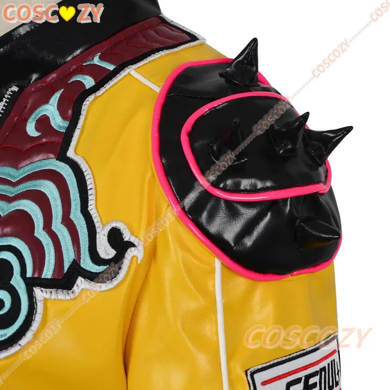 Disfraz de Rumi, peluca bordada, chaqueta de cuero PU amarilla, pantalones cortos, KPop Demon Hunters Huntrix, uniforme, pendientes, accesorios, traje