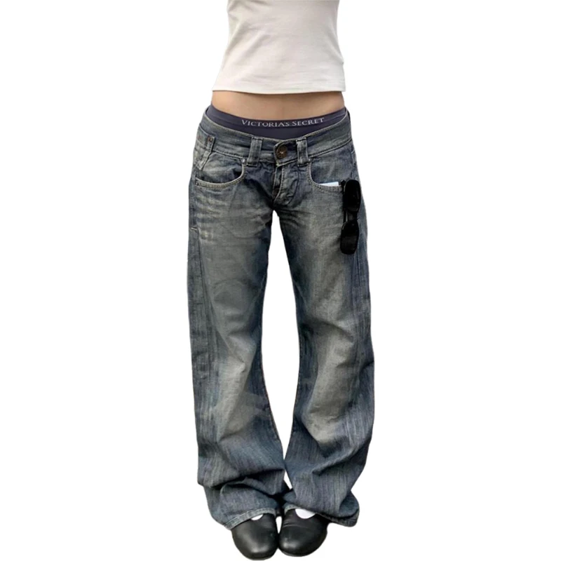 سراويل جينز نسائية مستقيمة فضفاضة ذات خصر منخفض مغسولة من American Retro سراويل جينز عصرية للشتاء في الشارع #6