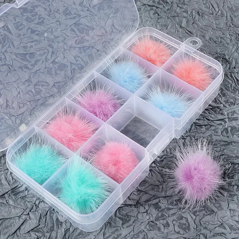 10 개/상자 푹신한 모피 Pompom 밍크 Pom Poms 네일 아트 쥬얼리 분리형 자기 Hairball DIY 디자인 매니큐어 장식 액세서리