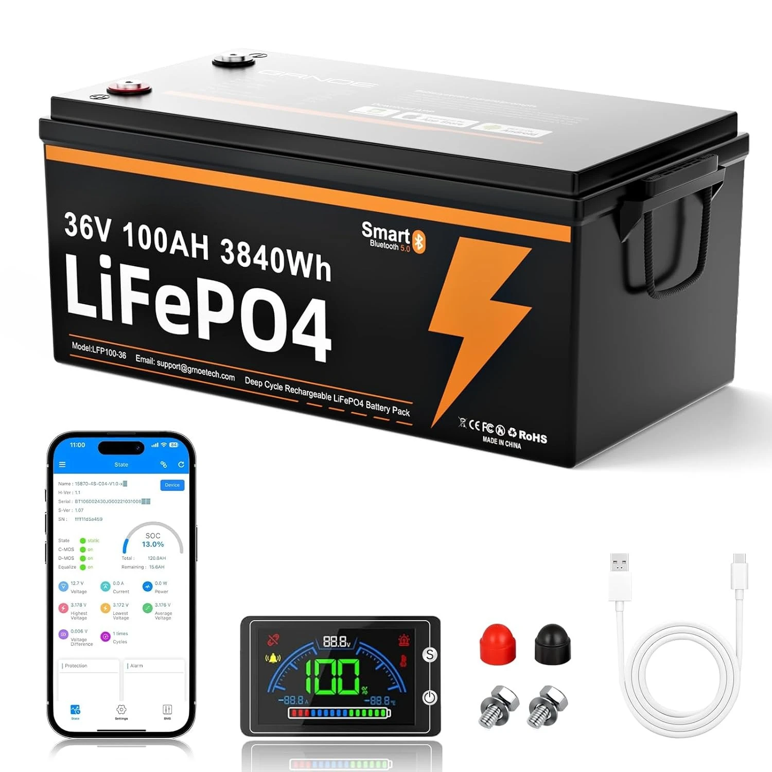 

Литиевая батарея LiFePO4 36В 100Ач с Bluetooth и ЖК-монитором, встроенной интеллектуальной BMS 100А, настраиваемая для электромобилей, под заказ