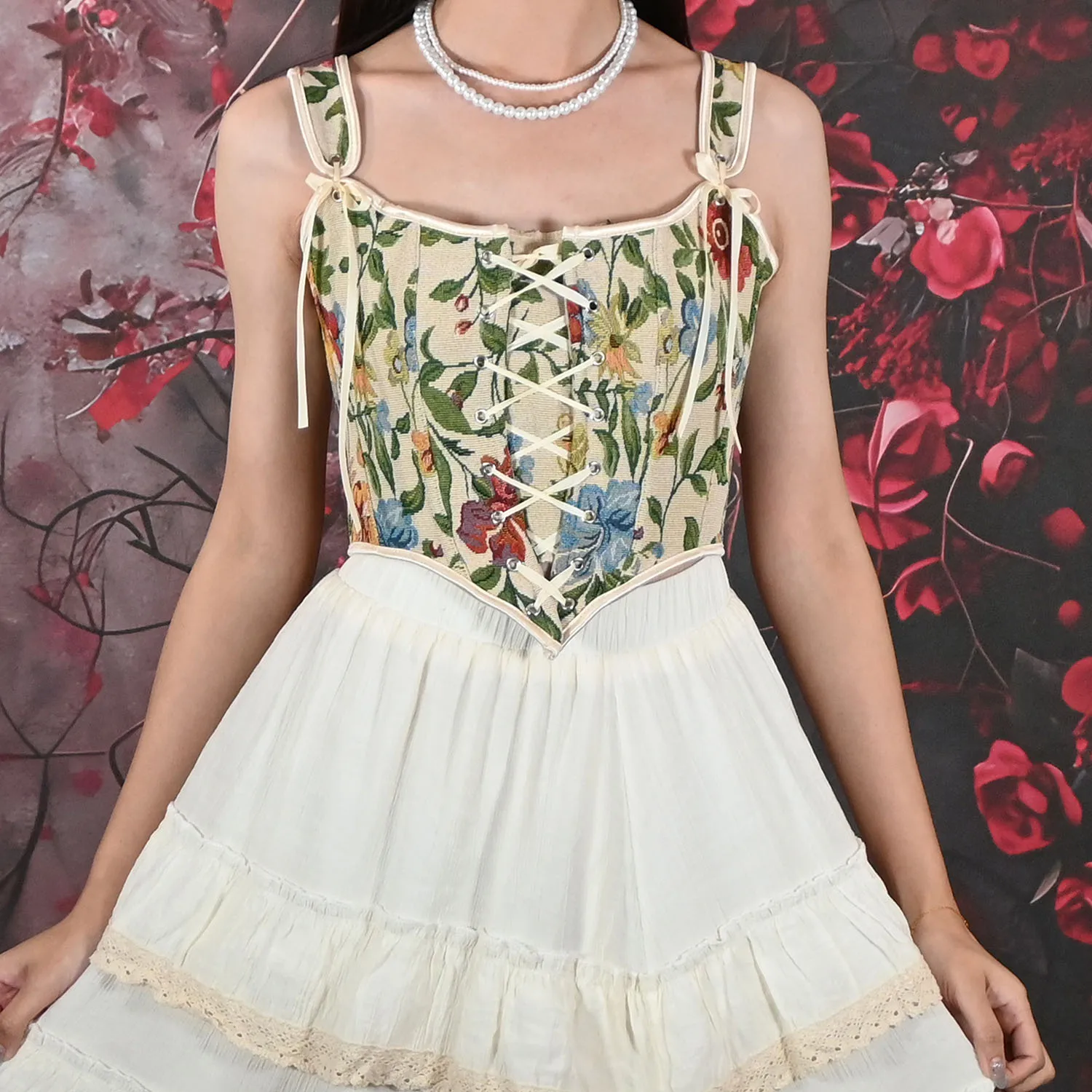 Black Strappy Corset Vintage Floral Embroidery Simple Joker Then Strappy Corset Slim Body Corset