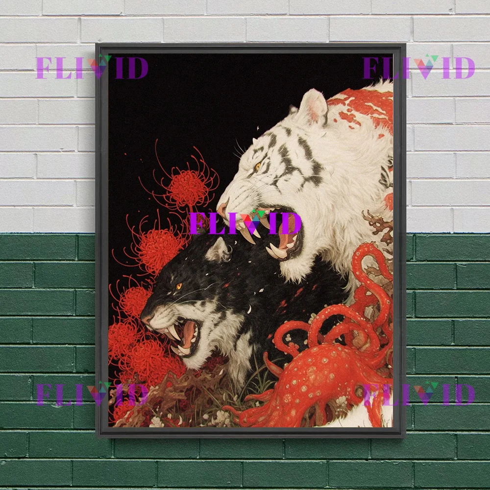 الأسطورية النمر والأخطبوط معركة الرسم على لوحات القماش الجدارية سريالية الظلام ملصق فني النمر الشرس مخالب الأخطبوط طباعة ديكور