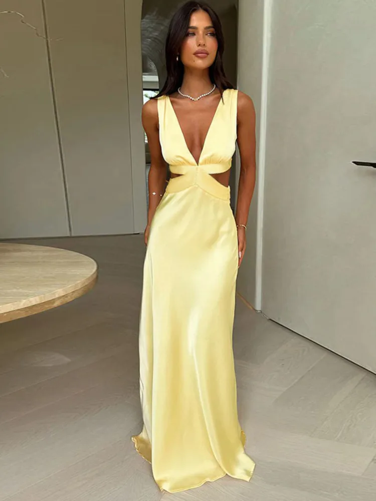 Articat elegante cetim sem mangas oco para fora vestido feminino novo sexy vestido longo hip envolto profundo v festa vestido de noite férias praia