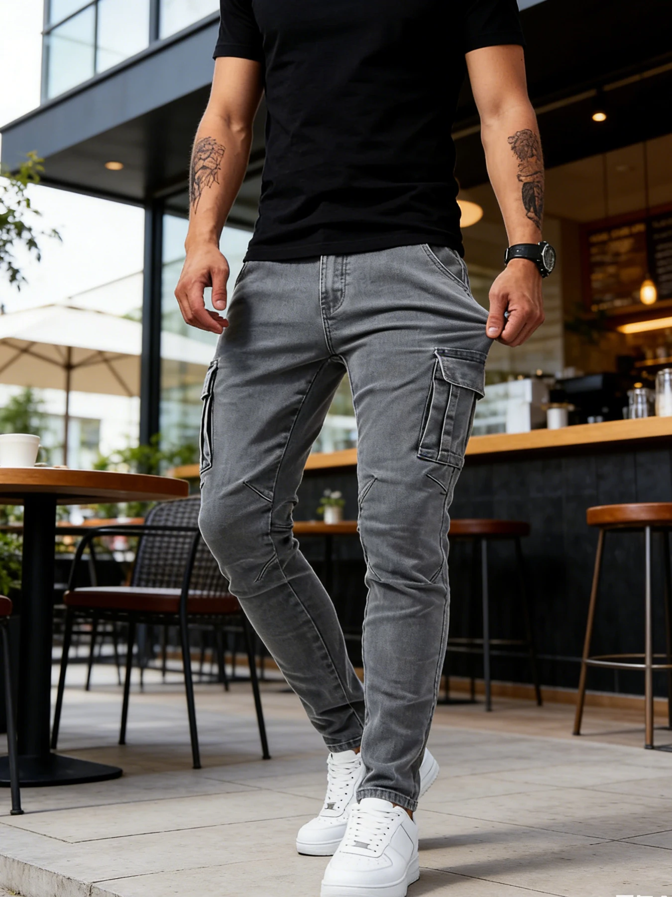 Retro distressed ash-gray workwear jeans for men, slim-fitting, slimming, high-street trendy casual long pants