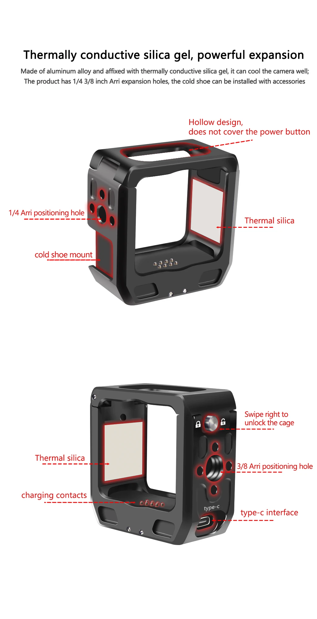 Magnetischer Action-Kamera-Käfig für DJI Action 2 Dual-Screen Vollkäfig mit Cold-Shoe-Halterung, 1/4 3/8 ARRI-Positionierungslöchern und Ladestation – Detail 37