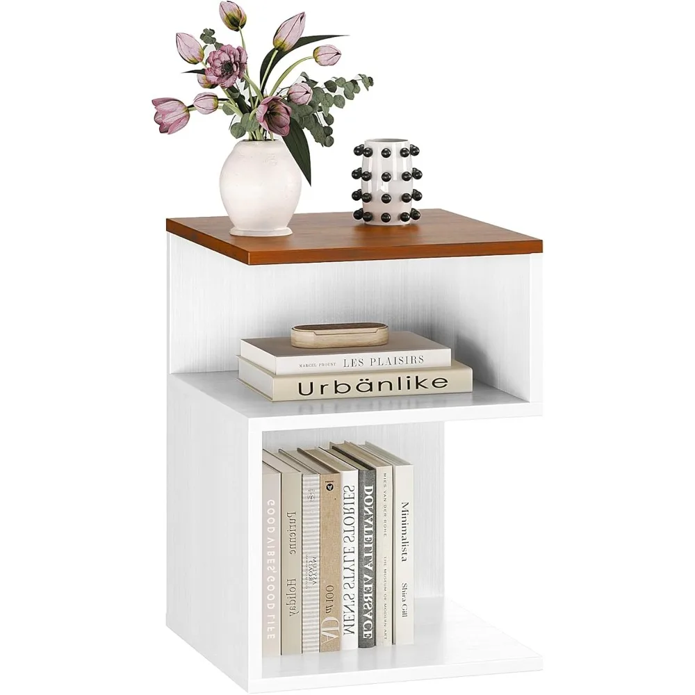 S Flip Minimalist 3 Tier End Table - with Open Storage - Japanese-Inspired Bedside Table for Bedroom (Reverse, Walnut&White)