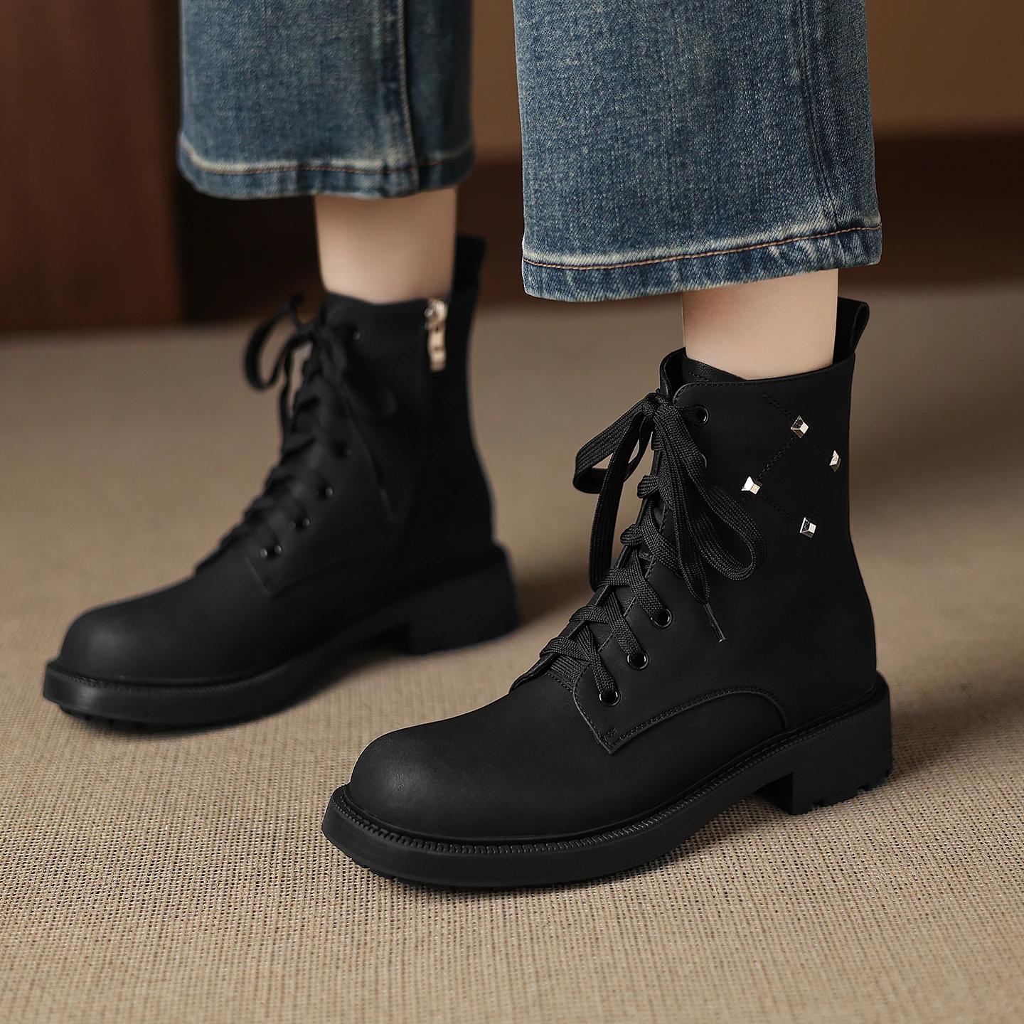 2026 new autumn winter women ankle boots natural leather plus size 22-26cm cowhide lace-up thick heel side zip platform boots