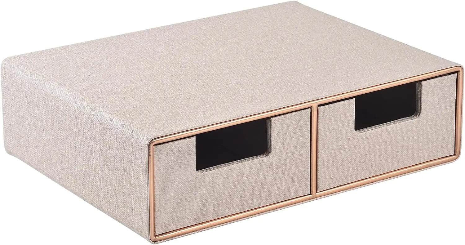 

Бежевый льняной кожаный органайзер для стола с 2 ящиками, штабелируемый мини-контейнер для хранения на рабочем столе для офиса и дома