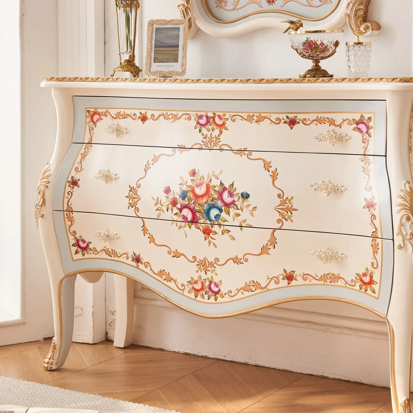 b11-7.2 Cream Wind Solid Wood Storage Bedside Bucket Cabinet Living Room Hand Painted Rose Home Decoration Cabinet