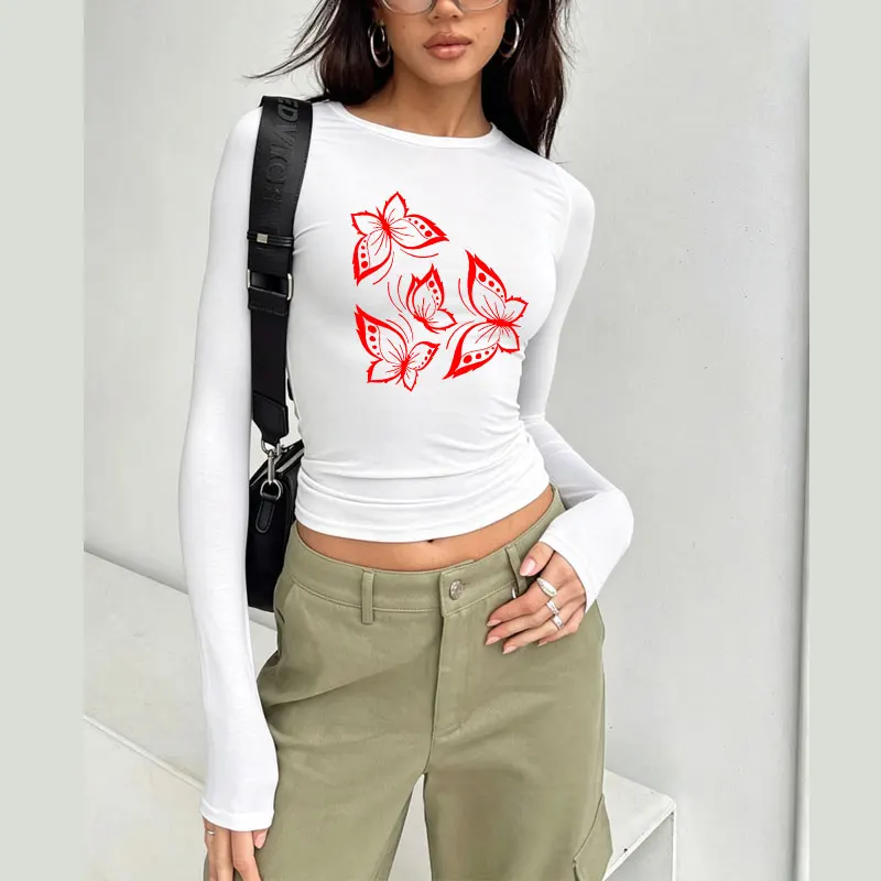 Butterflies Beautiful Print Spring Autumn Women T-Shirt Causal Long Sleeve Crop Tops O Neck Pullovers Tees Slim Fit T Shirt