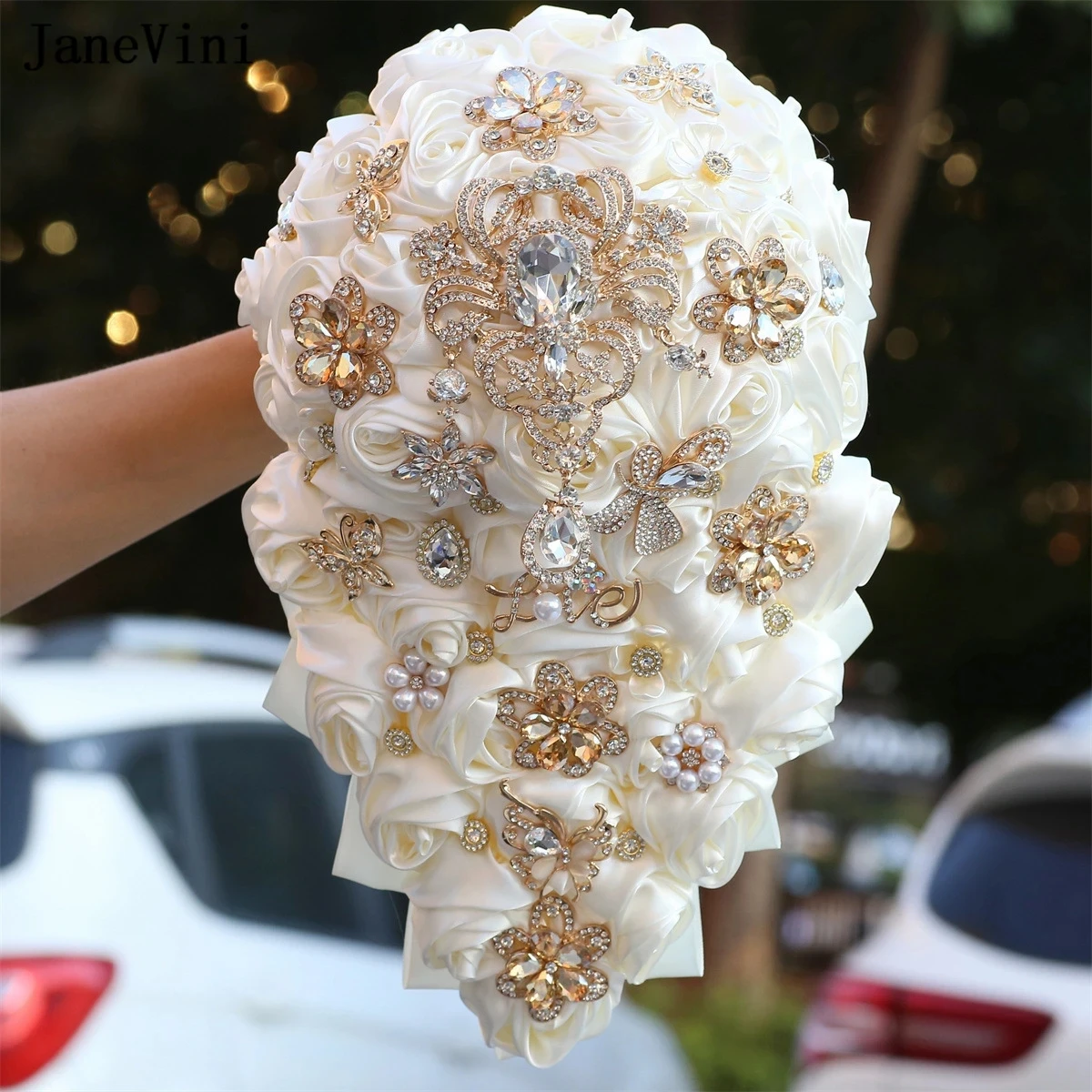 

JaneVini 2024 Luxury Ivory Cascading Bridal Bouquet with Gold Rhinestone Crystal Beaded Waterfall Wedding Bouquet Fleurs Mariage