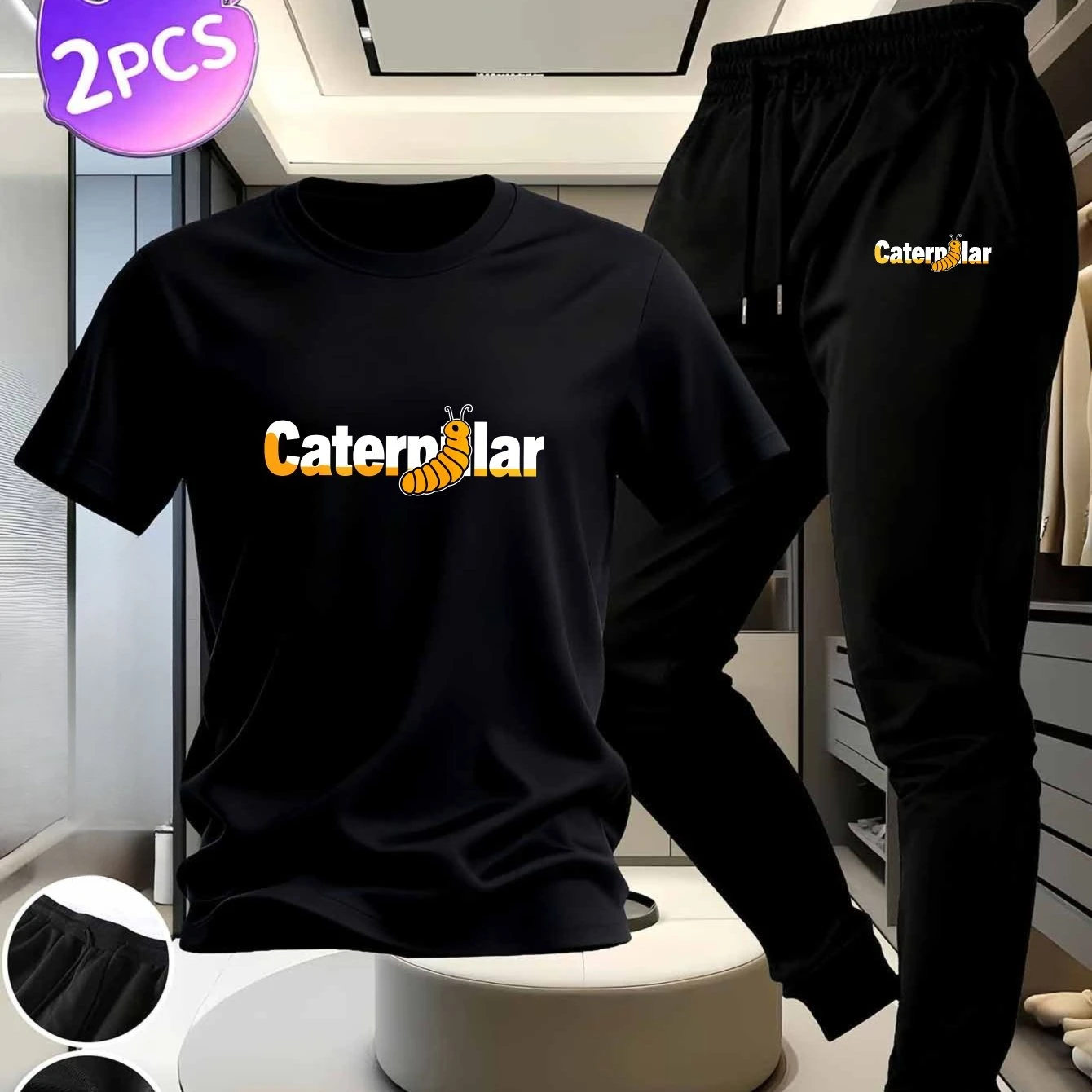 

2026 new Couple set - White pure cotton short-sleeved t-shirt black pants with caterpillar print pattern casual sporty home wear