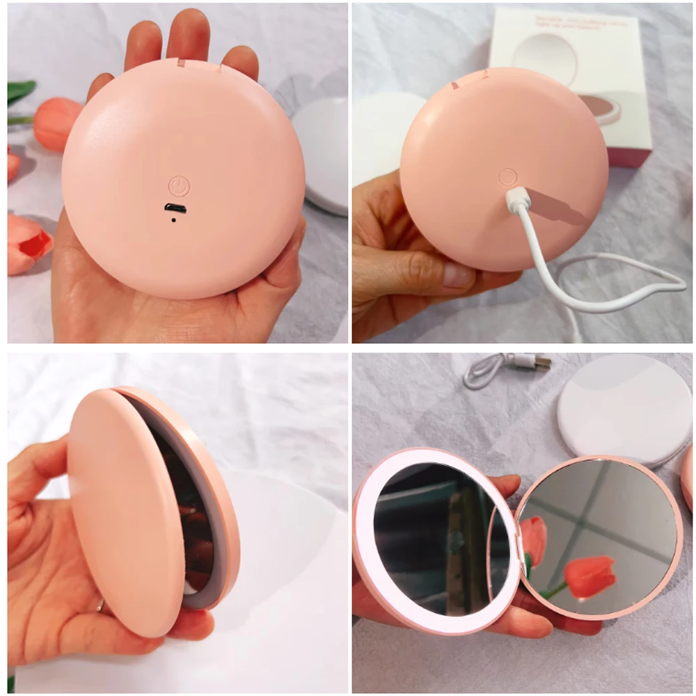 Reizen gepersonaliseerde kleine LED-licht cosmetische 2-zijdig opvouwbare make-up compacte zakspiegel dames lichtgevend effect minispiegel