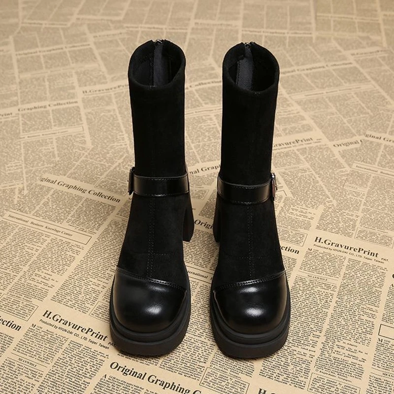Women Platform Chunky High Heel Ankle Boots Round Toe Buckle Strap Suede Patchwork Stretch Sock Booties Back Zipper Shoes view 2