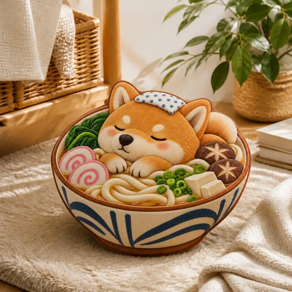 Cute Shiba Inu Ramen Bowl Shaped Pillow Japanese Noodle Soup Cushion Stuffed Throw Pillow Decor Gift for Dog Lovers