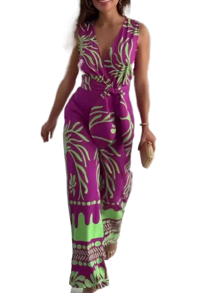 새로운 여름 패션 프린트 V넥 민소매 슬림 벨트 와이드 레그 점프수트 여성 의류 우아한 캐주얼 점프수트 여성복