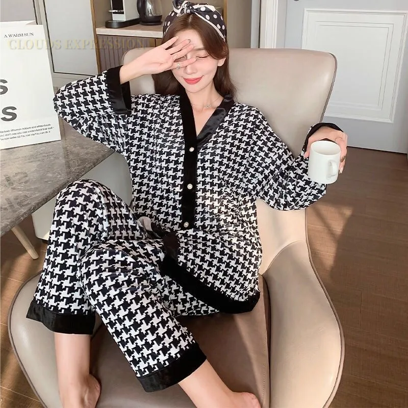 Spring Summer Ladies Faux Silk Polyester Pajama Sets Sexy Women\'s Homewear Casual Luxury Pajamas Plaid Pajamas Female Sleepwear