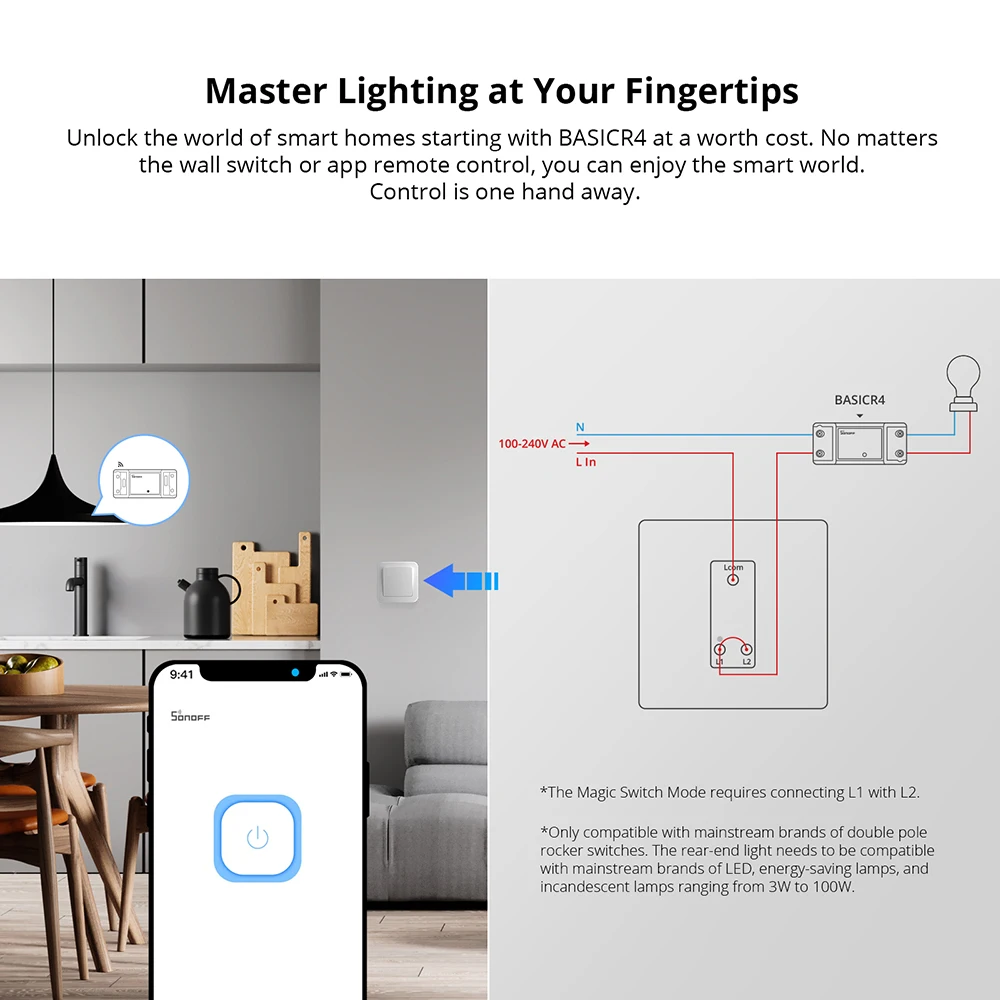 Sonoff Basic R4 Wifi Smart Switch With Magic Switch Mode Smart Home Wireless DIY Timer Switch Via eWelink APP Alexa Google Home