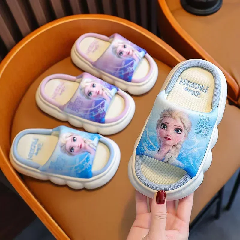 Disney Summer Children Flax Slippers Baby Girls Cartoon Princess Frozen Elsa Print Kids Indoor Anti-slip Beach Flip Flop Shoes