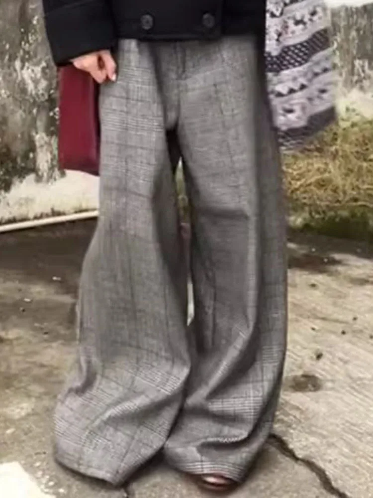 PBAP-pantalones de traje de Tweed a cuadros para mujer, pantalones plisados de cintura alta con bolsillos, pantalones de vestir de pierna ancha holgados, ropa Formal informal de oficina