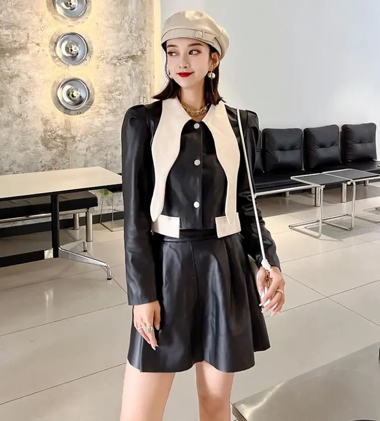 Autumn Genuine Real Leather Jacket Women Fashion Turndown Collar Contrast Color Puff Sleeve Short Sheepskin Jacket Female Y3076