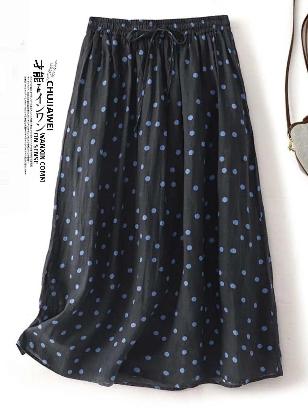 

High-End Retro Polka Dot Print Cotton Linen Half Skirt plus Size Elastic Waist A-Line Midi Skirt Women's Casual Commute Style