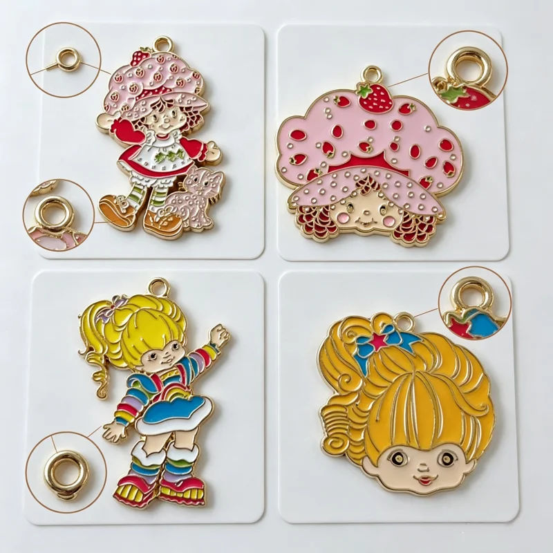 10Pcs Mixed Retro Cartoon Girl Enamel Charms Strawberry Rainbow Metal Pendant DIY Handmade Jewelry Keychain Craft Supplies