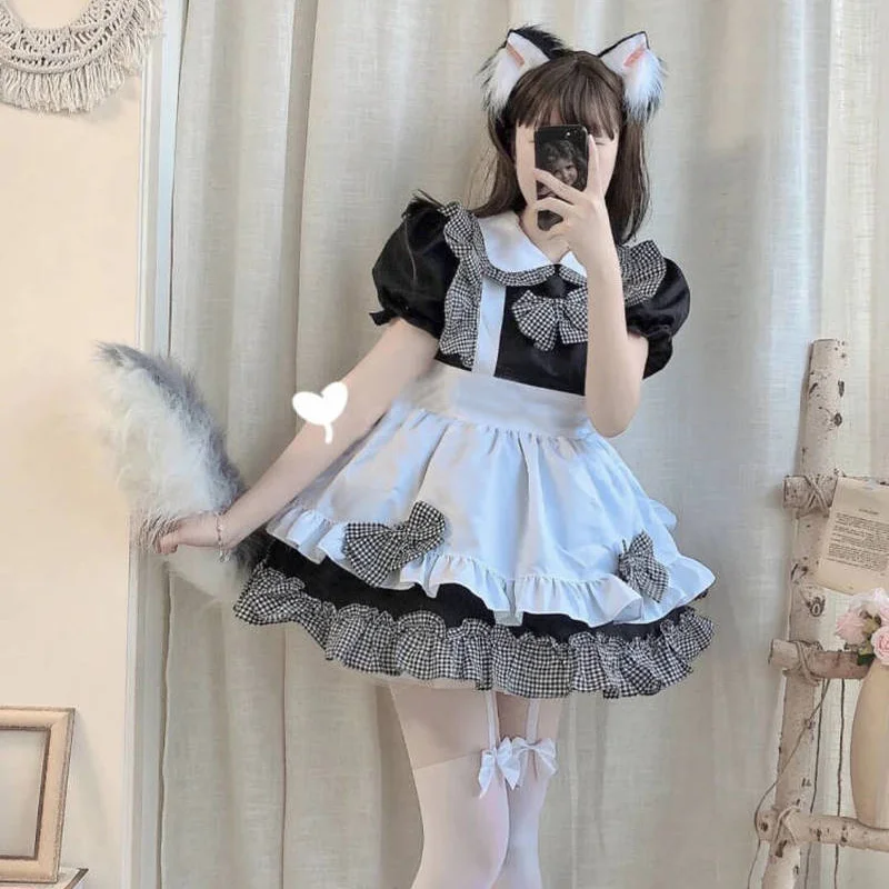 Vestido de Lolita para mujer, traje de sirvienta, traje de Cosplay, traje de mucama Kawaii, traje de lencería japonés blanco y negro