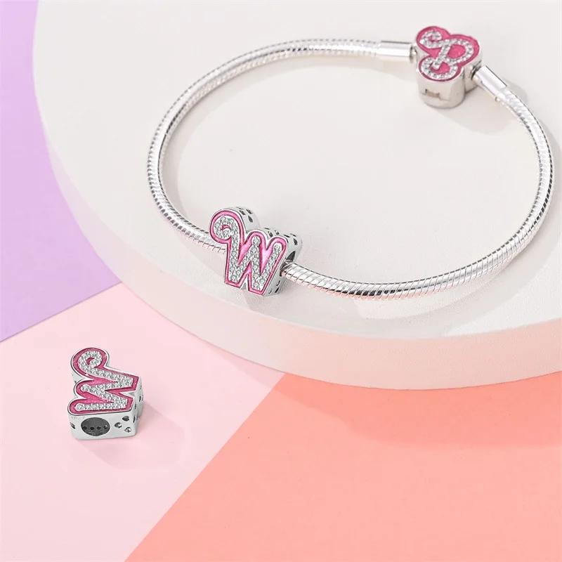 New 100% 925 Sterling Silver 26 Pink Princess Shiny Letter Charms Beads Fit Pandora 925 Original Bracelets DIY Birthday Jewelry