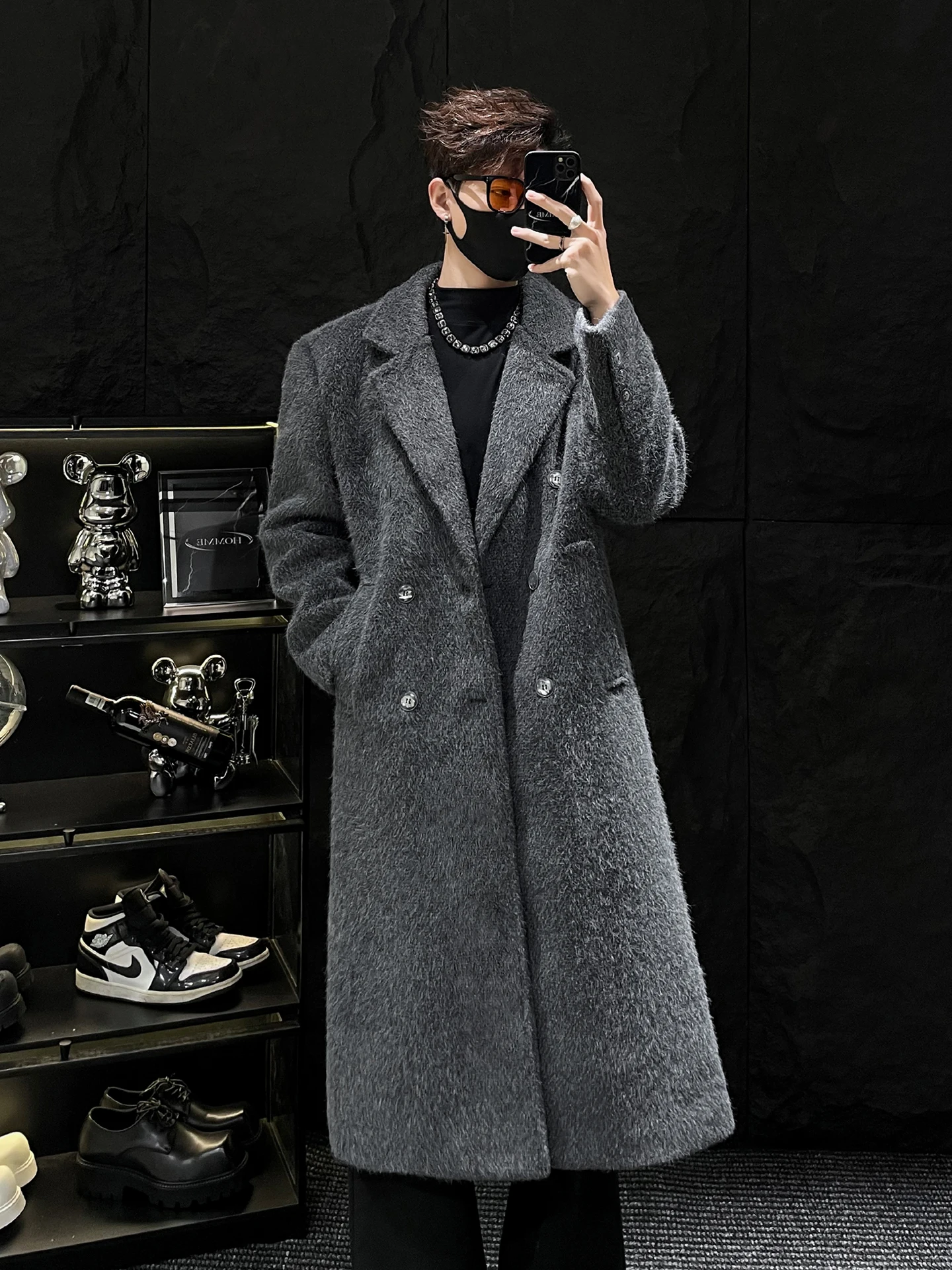 

New Winter Men's Long Woolen Coat Korean Sle Cotton Lined over Knee Outerwear Warmth And Faion Straight Hem Casual Scene