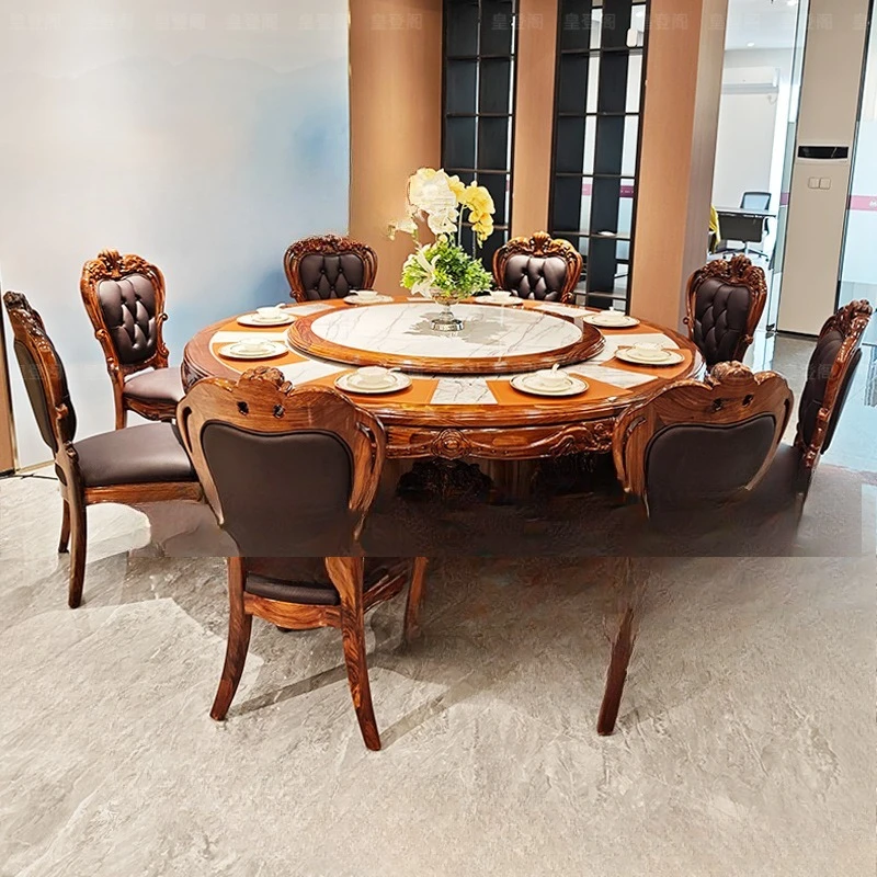 Ebony solid wood rock slab dining table and chairs large apartment round high-end villa luxury electric function turntable 8