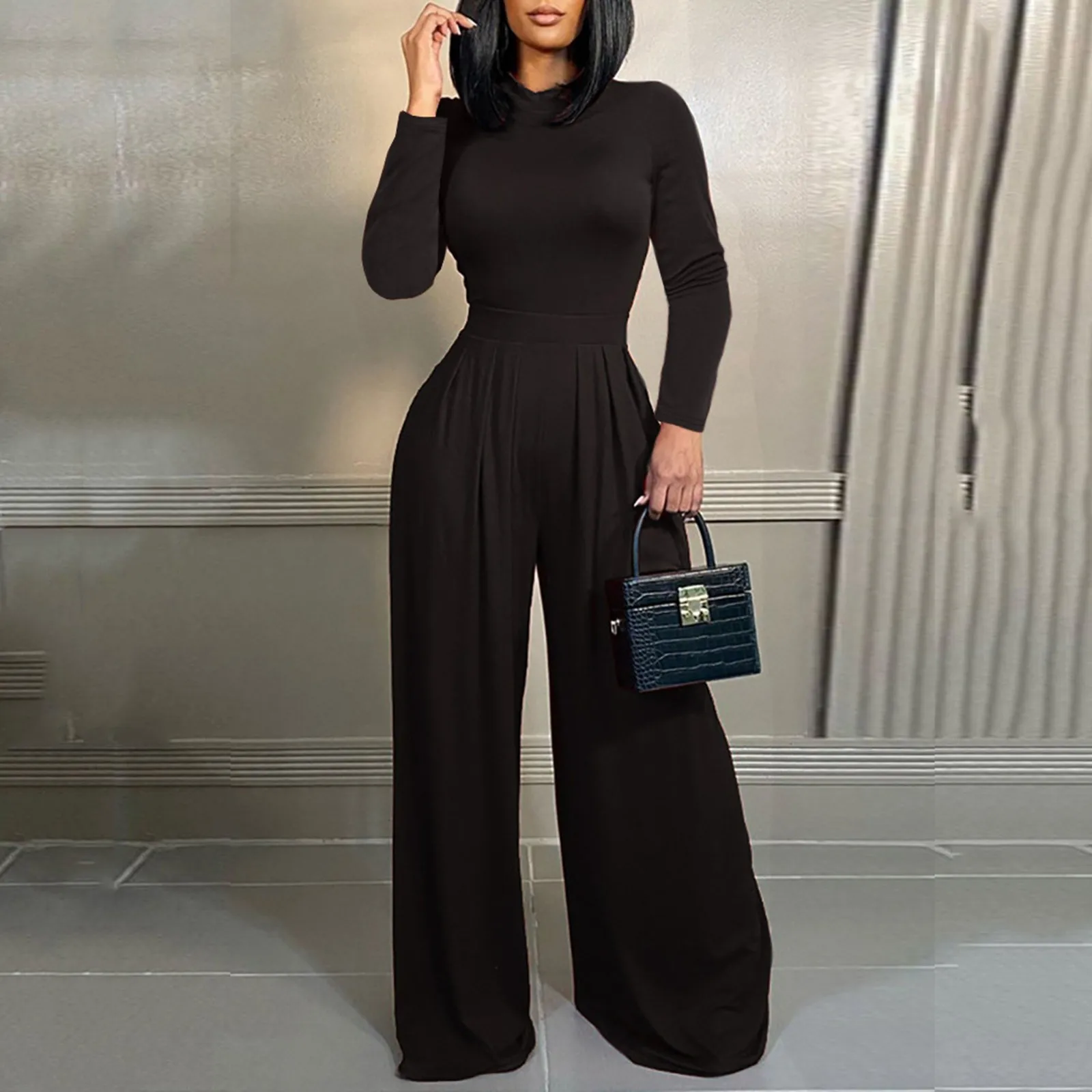 2024 New Elegant Jumpsuit For Women Long Sleeve Stand Collar Wide Leg Rompers Ethnic Style Autumn Jumpsuits monos largos