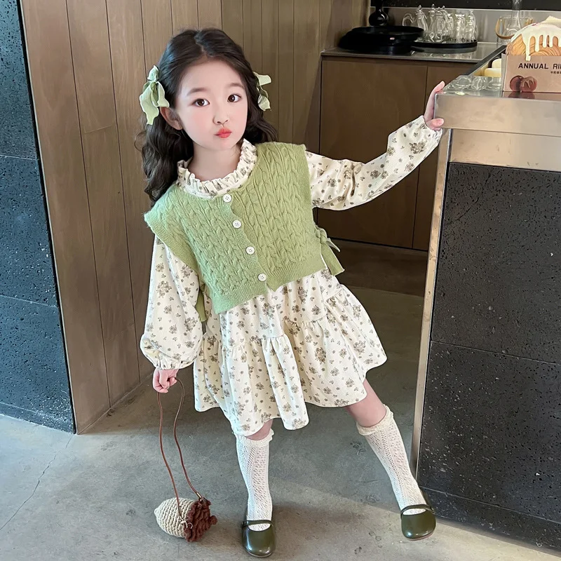 

Girls' Autumn Long Sleeve Floral Dress Children's Vest Spring and Autumn Baby Girl Princess Style Dress
