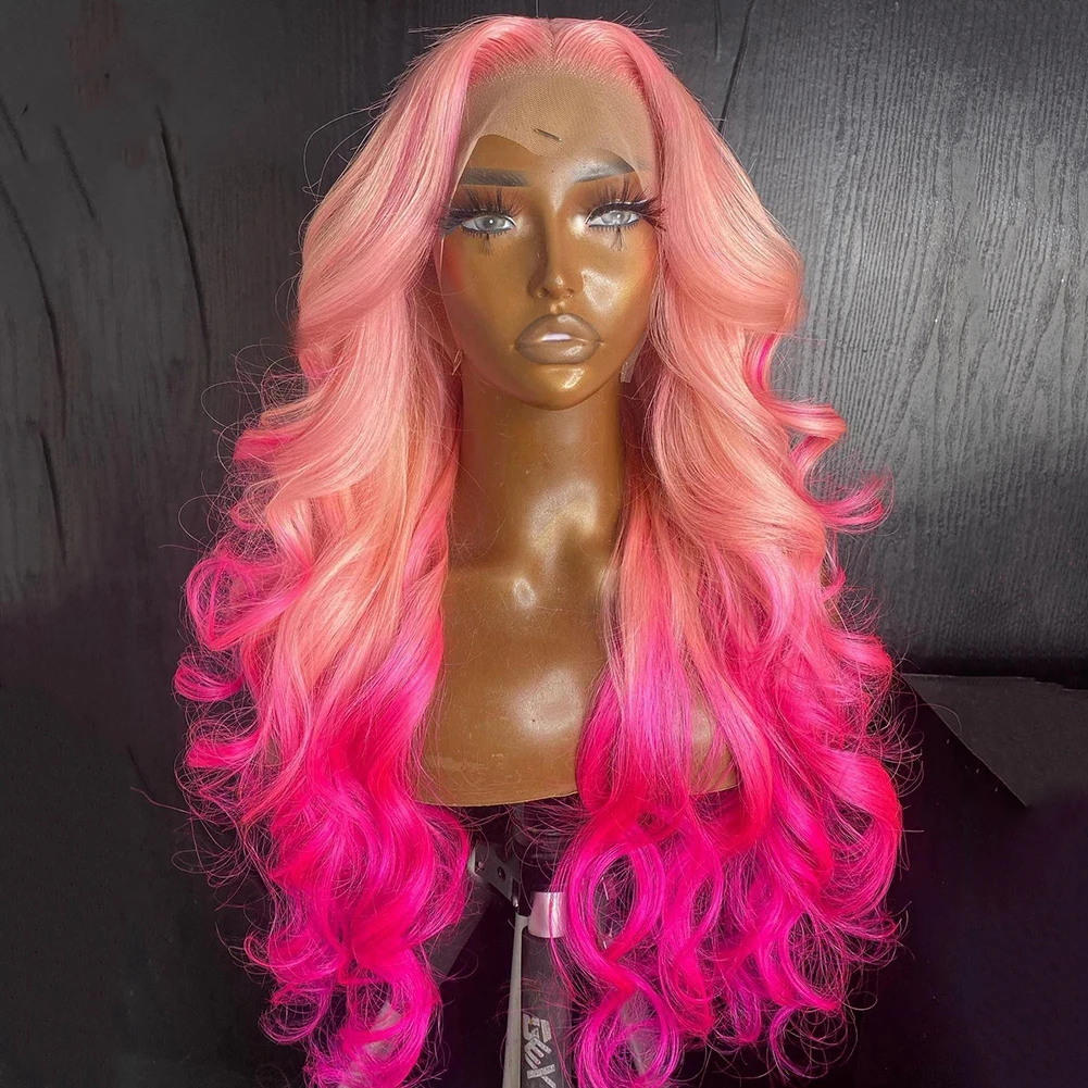 Parrucca anteriore in pizzo sintetico trasparente di colore rosa Ombre da 26 pollici Drag Queen Loose Wave Highlight Cosplay Glueless parrucche in pizzo da donna