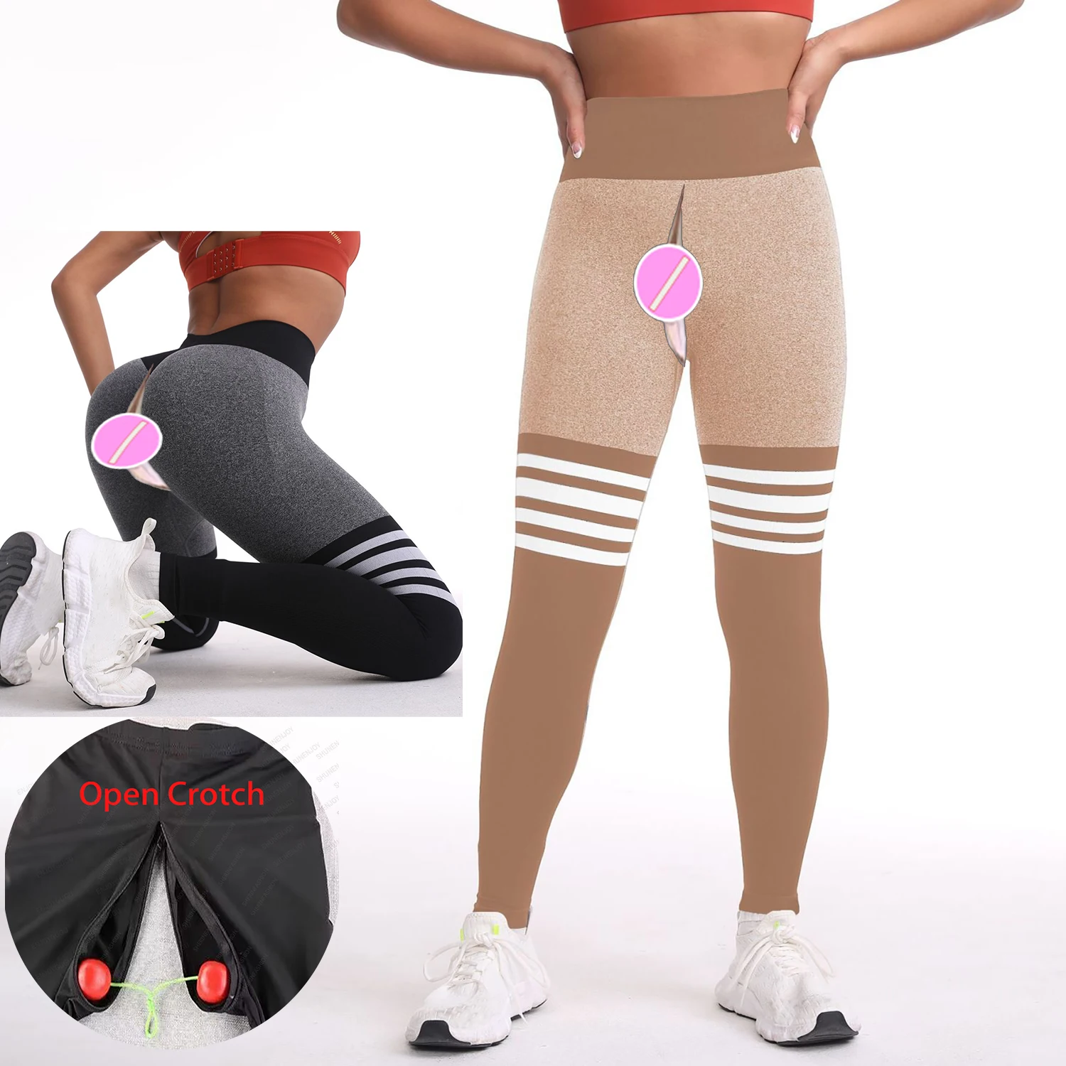Outdoor Sex Open Crotch Exotic Hotpants Women Striped Leggings Peach Hips Yoga Pants Sport Skinny Gym Trousers Jogger Sweatpants