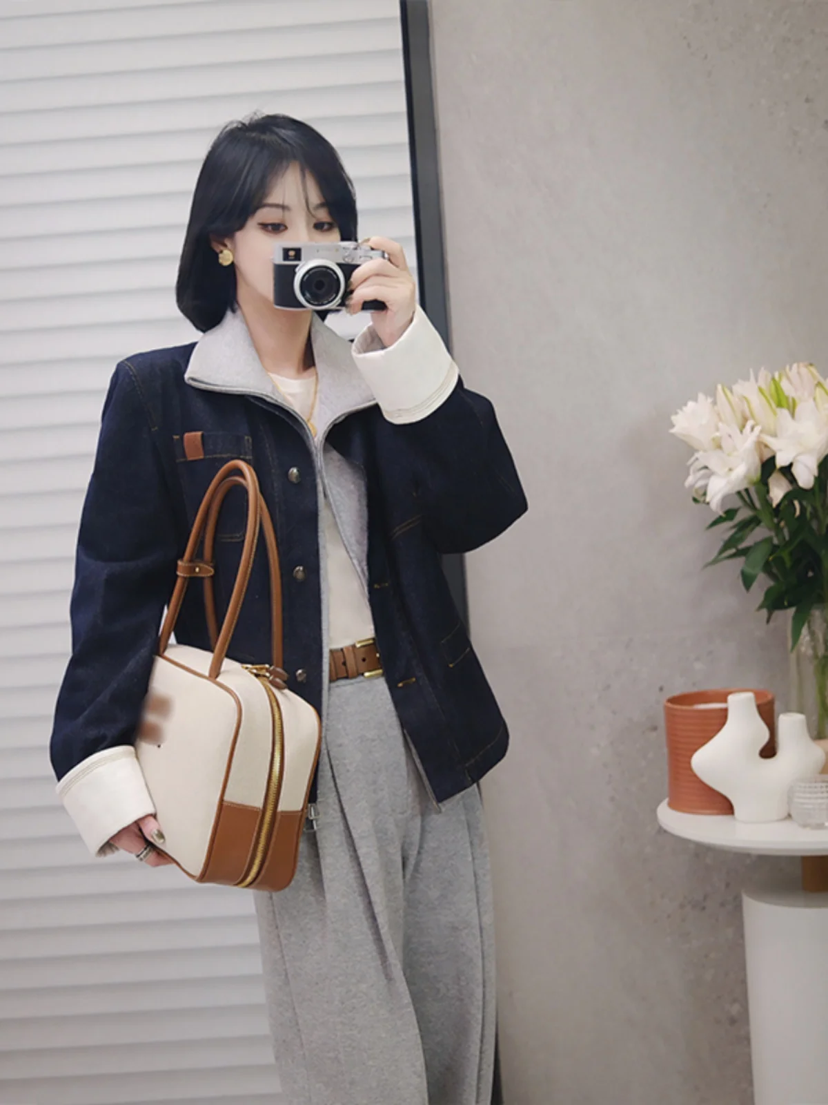 

NANASTORE Pure Color Denim Jaet Women's Spring 2024 Vintage Loose Slim round Ne Casual Top Cotton Denim ort Coat