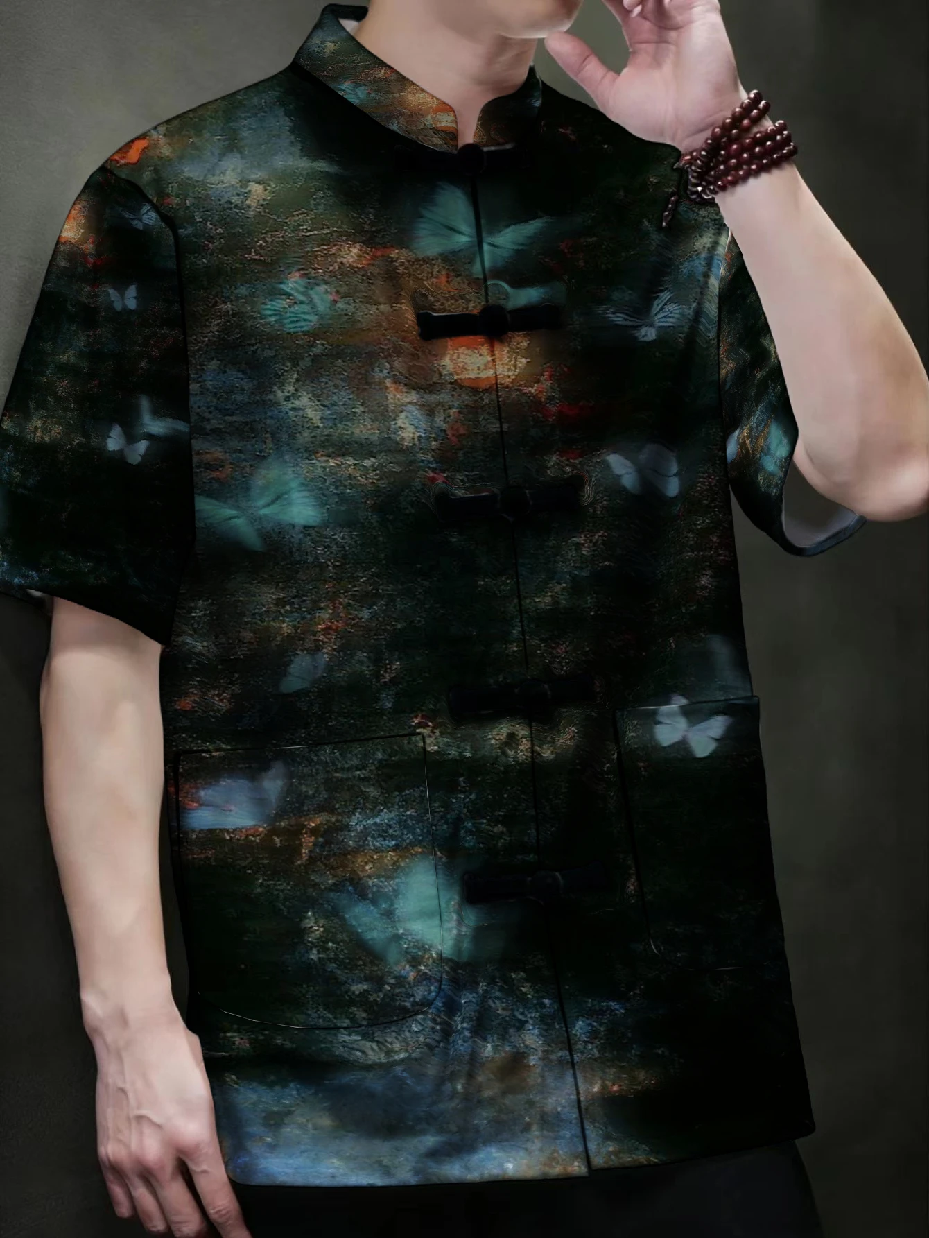 Men Traditional Chinese Tang Suit Short Sleeve Shirt Frog Button Stand Collar Butterfly Floral Ocean Wave Print Loose Casual