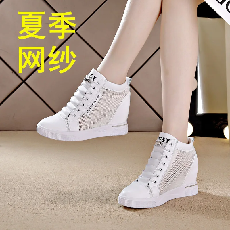 النساء أحذية رياضية إسفين الكعوب الارتفاع زيادة أحذية نسائية عادية الدانتيل يصل سستة حذاء أبيض المنحدر كعب عالية أعلى التمهيد للنساء