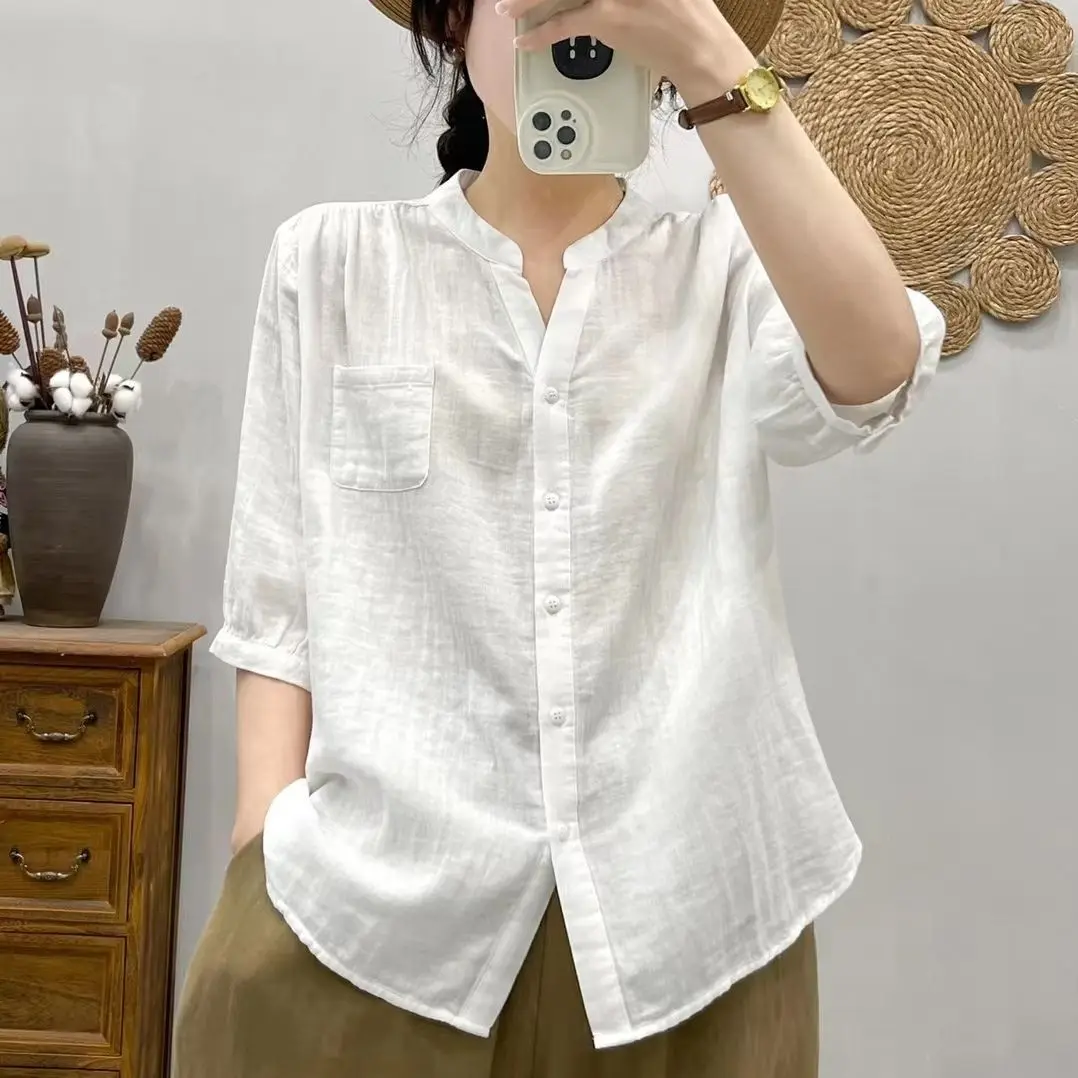 

Summer New Solid Color Simple Thin Shirt for Women Loose Slim V-neck Fashionable Versatile Mid-sleeved CardiganYY63