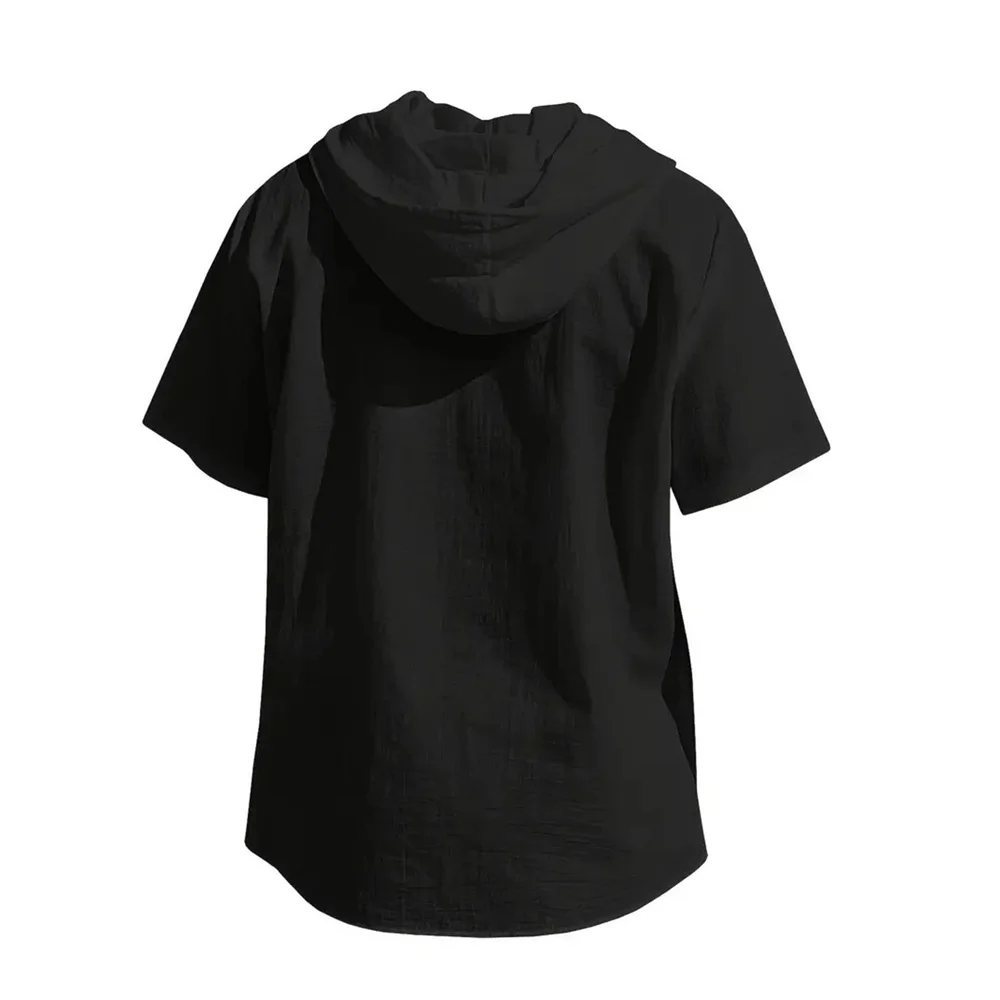 Sommer männer Mit Kapuze Baumwolle Leinen Hemd Einfarbig Atmungsaktive Leichte Kurzarm Kordelzug Design Tees Männlich Casual Tops – Detail 9