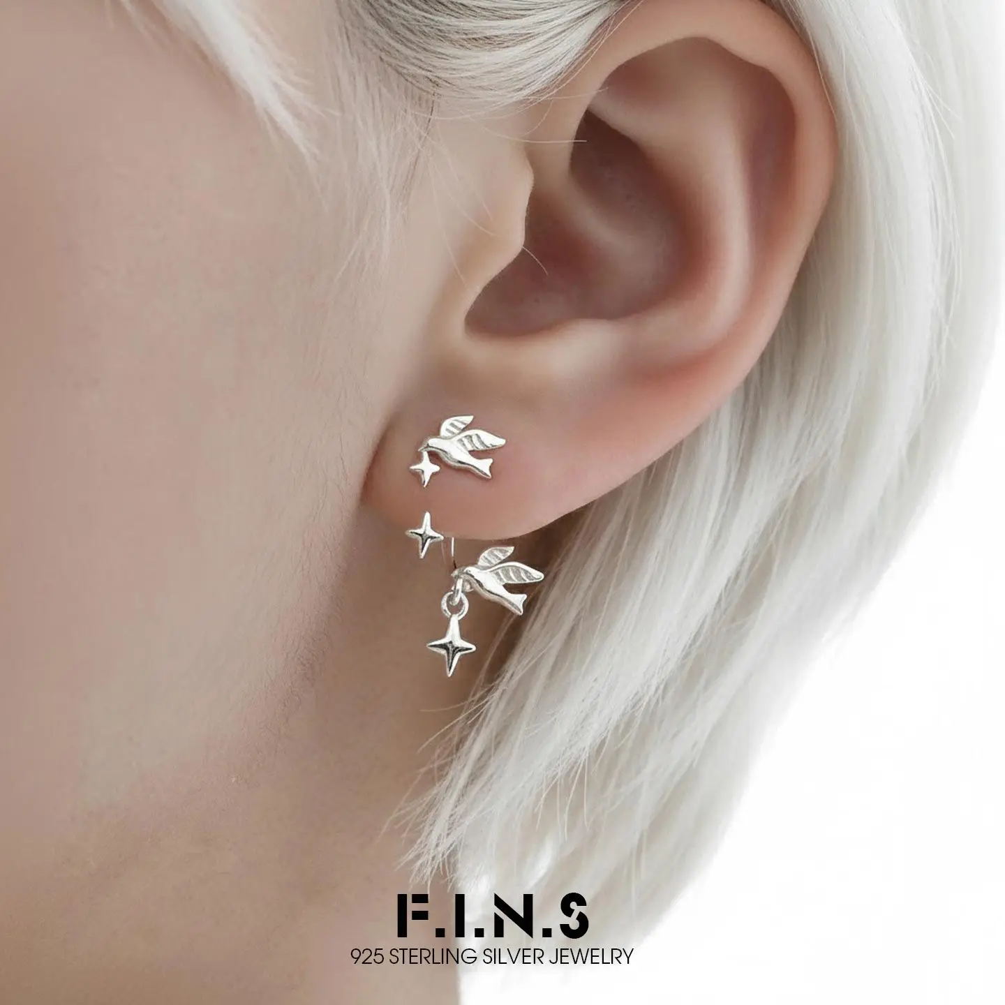 F.I.N.S Original Bird and Star S925 Sterling Silver Stud Earrings Minimalist Design Front and Back Piercing Ear Fine Jewelry