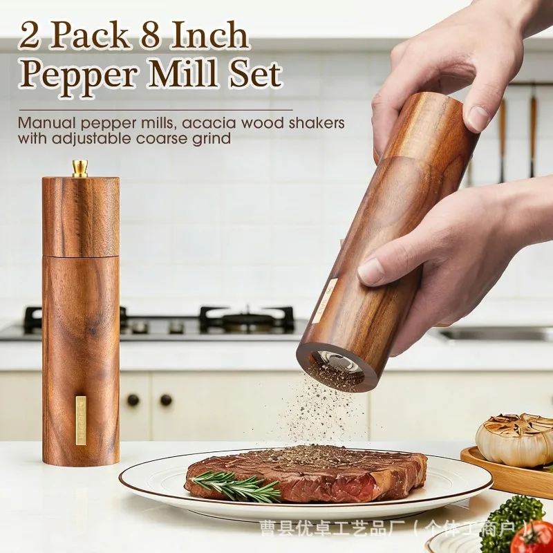 Manual Wooden Pepper Grinder Mill with Adjustable Coarseness for Kitchen Salt and Spice Grinding