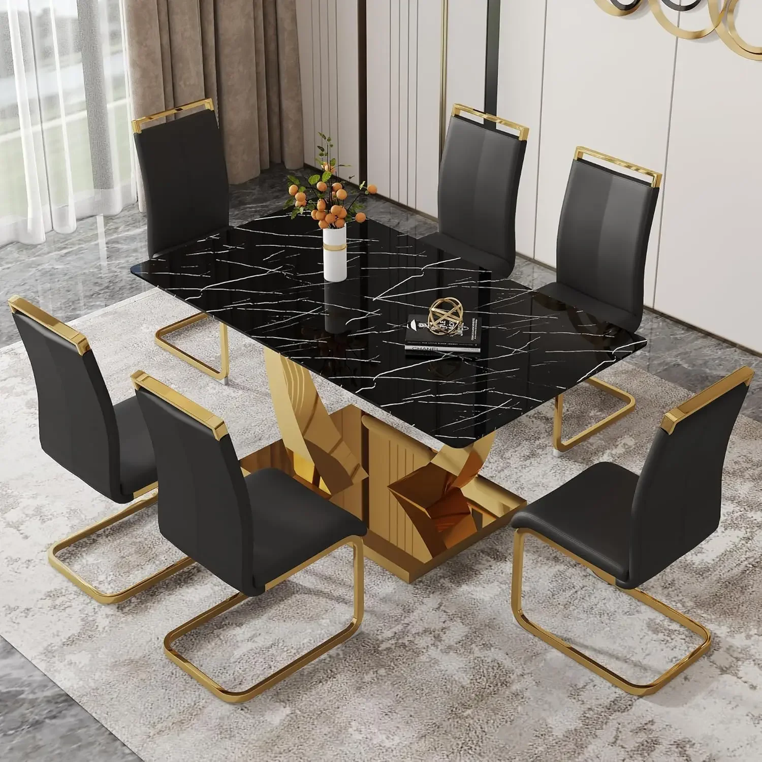 63” Dining Room Table Set for 6 Modern Gold Dining Table Set for 6 Rectangle kitchen Table Set  PU ,dining room sets