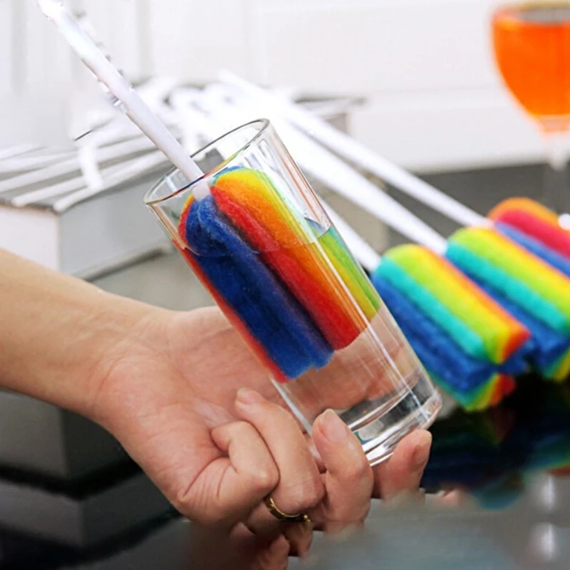 Rainbow Sponge Brush Water Bottle Cup Mug Glass Washing Sponge Cleaning Brush Scrubber With Handle Cleaning Utensils
