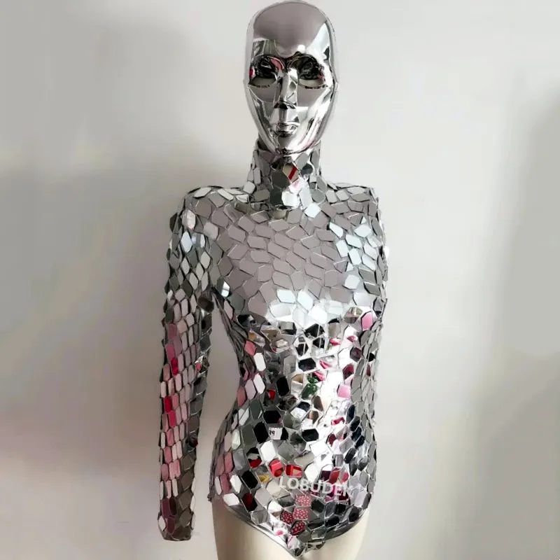 

Shining Sequins Bodysuit Machine Dance Costume Silver Mirrors Leotard Jumpsuit Women Jazz Dance Wear Club DJ Singer Stage Outfit