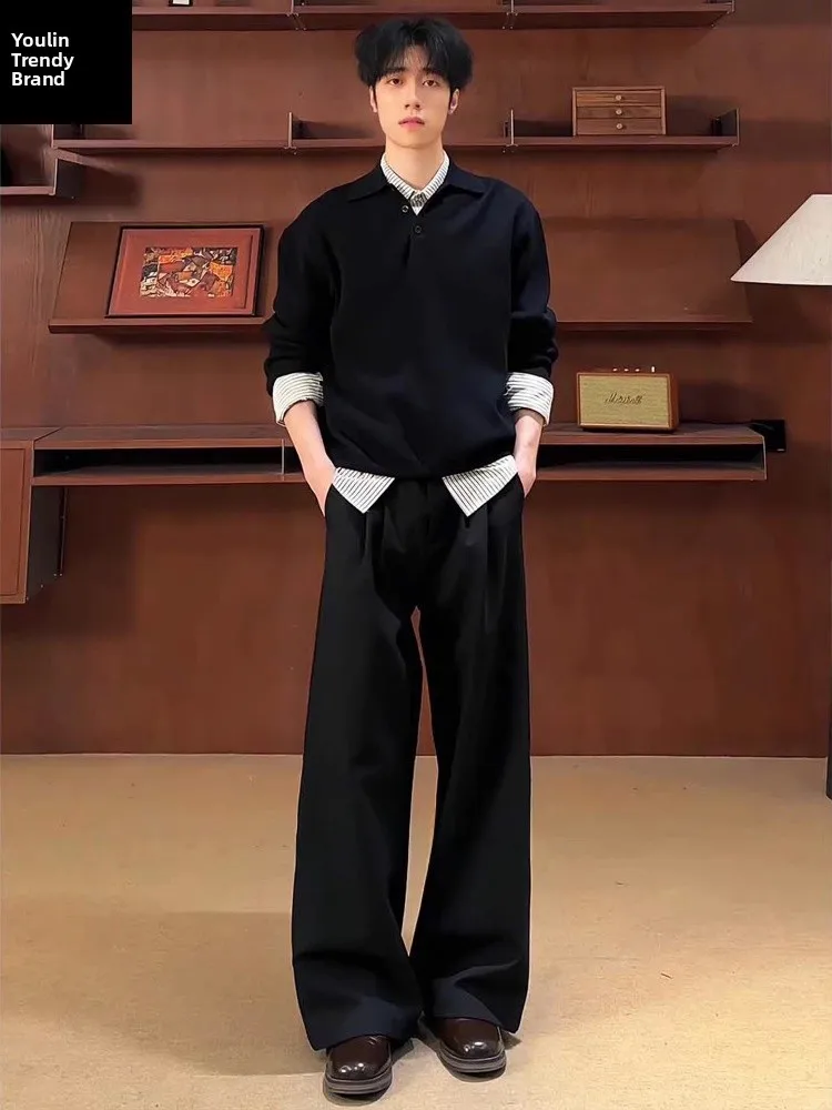 

Cleanfit Men's Bla Straight Leg Winter Trousers Casual Drapey Fce Lined Pants High Waist Zipper Fly Slimming Effect