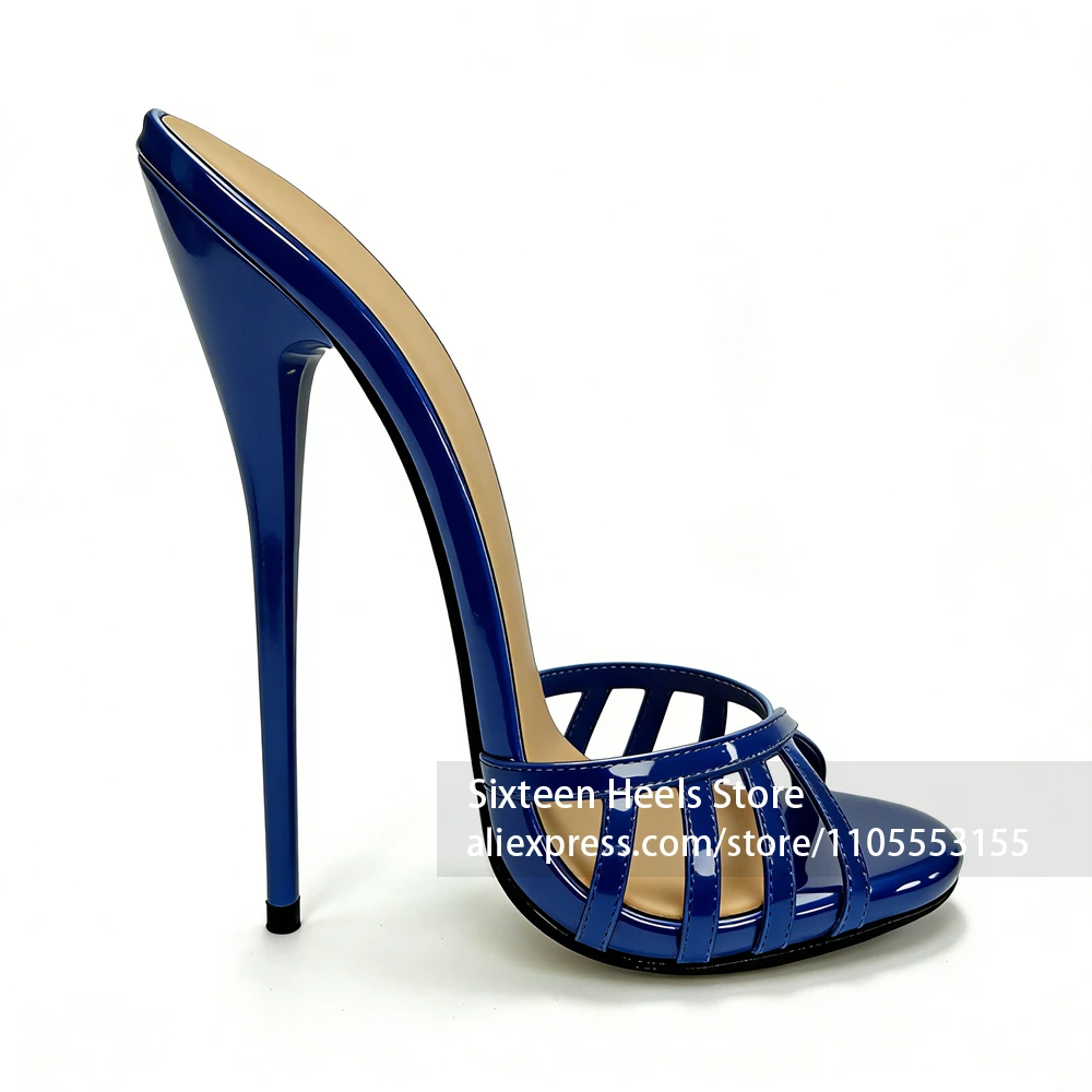 16cm Lacquered Heel Cage Slippers Sexy Style Peep Toe Mules Customizable Multicolor Handmade Footwear for Summer Slip on Heels 5