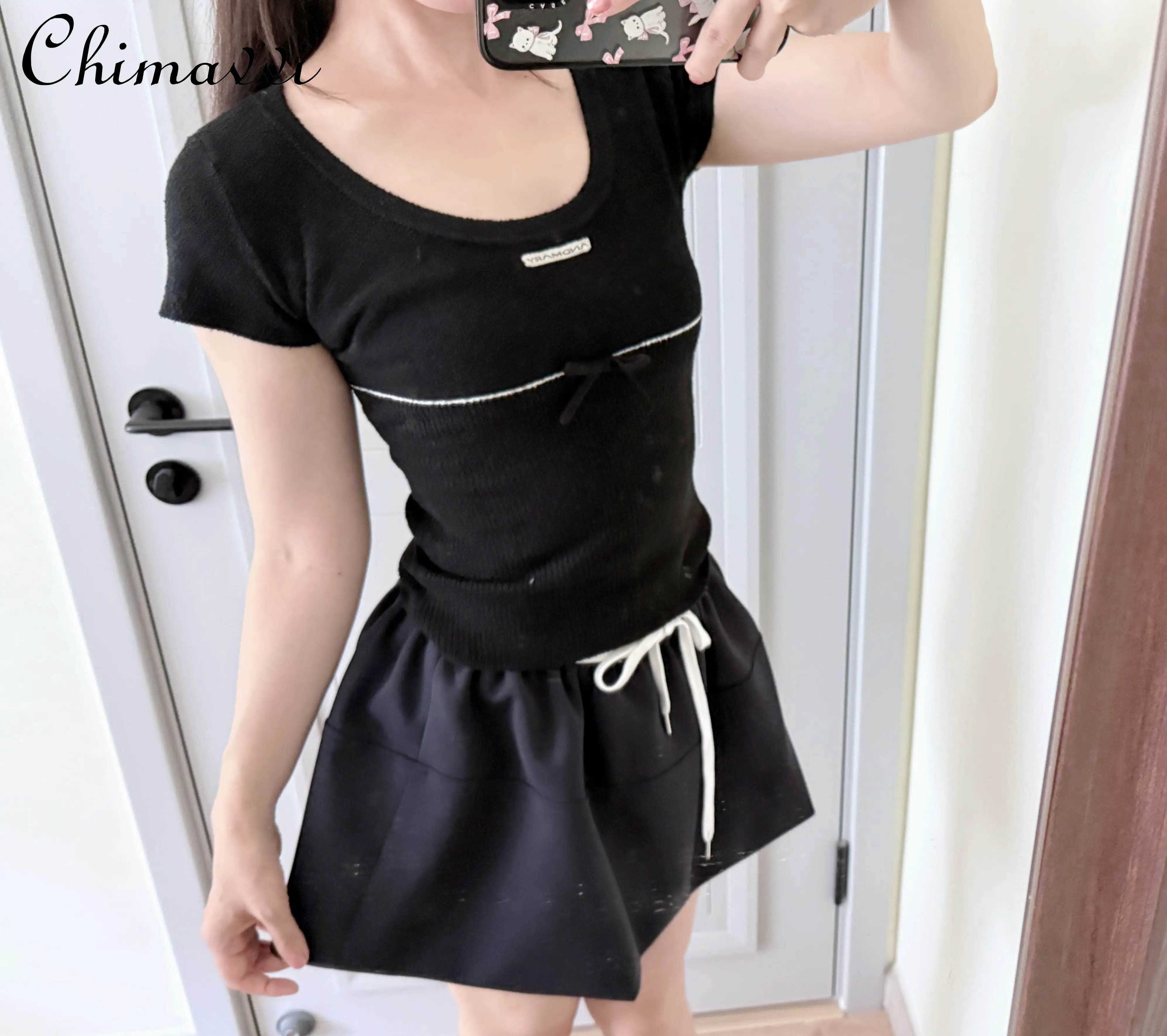 

Japanese Sweet and Sexy Girl Bow Elastic Knitted Top 2025 Summer New Cute Short-sleeved Slim-fit Temperament Y2k T-shirt