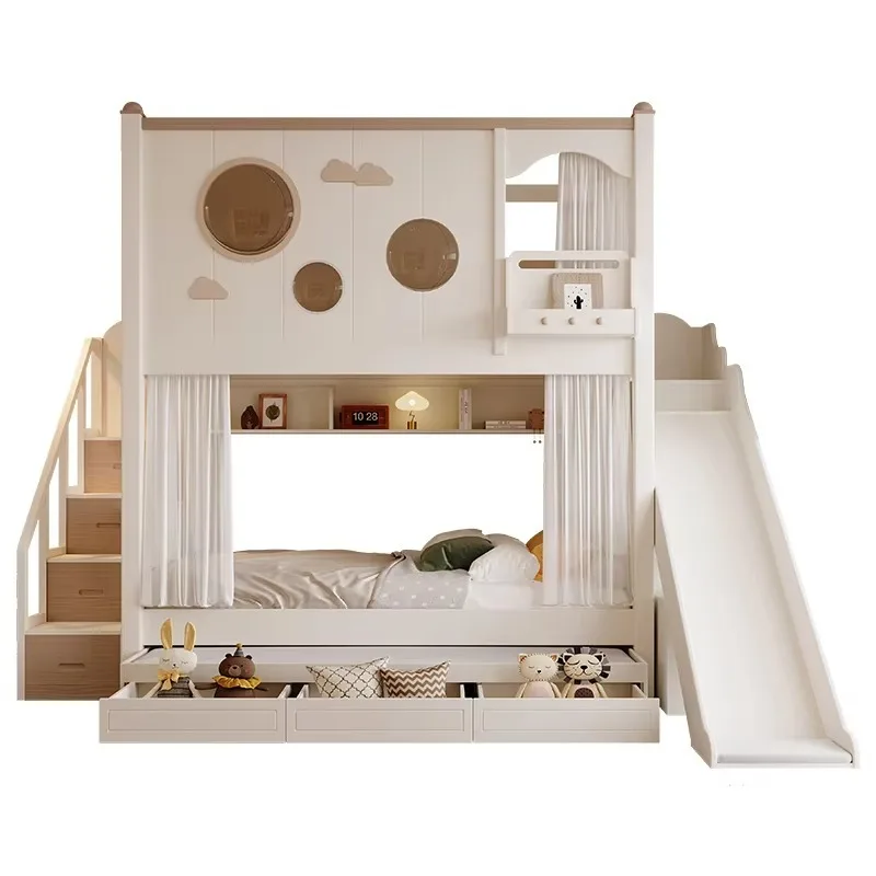 Customized Solid Wood Two-tier Bunk Bed, Multi-functional Upper Lower Sibling Kids Bed For Children Bedroom Home Furniture