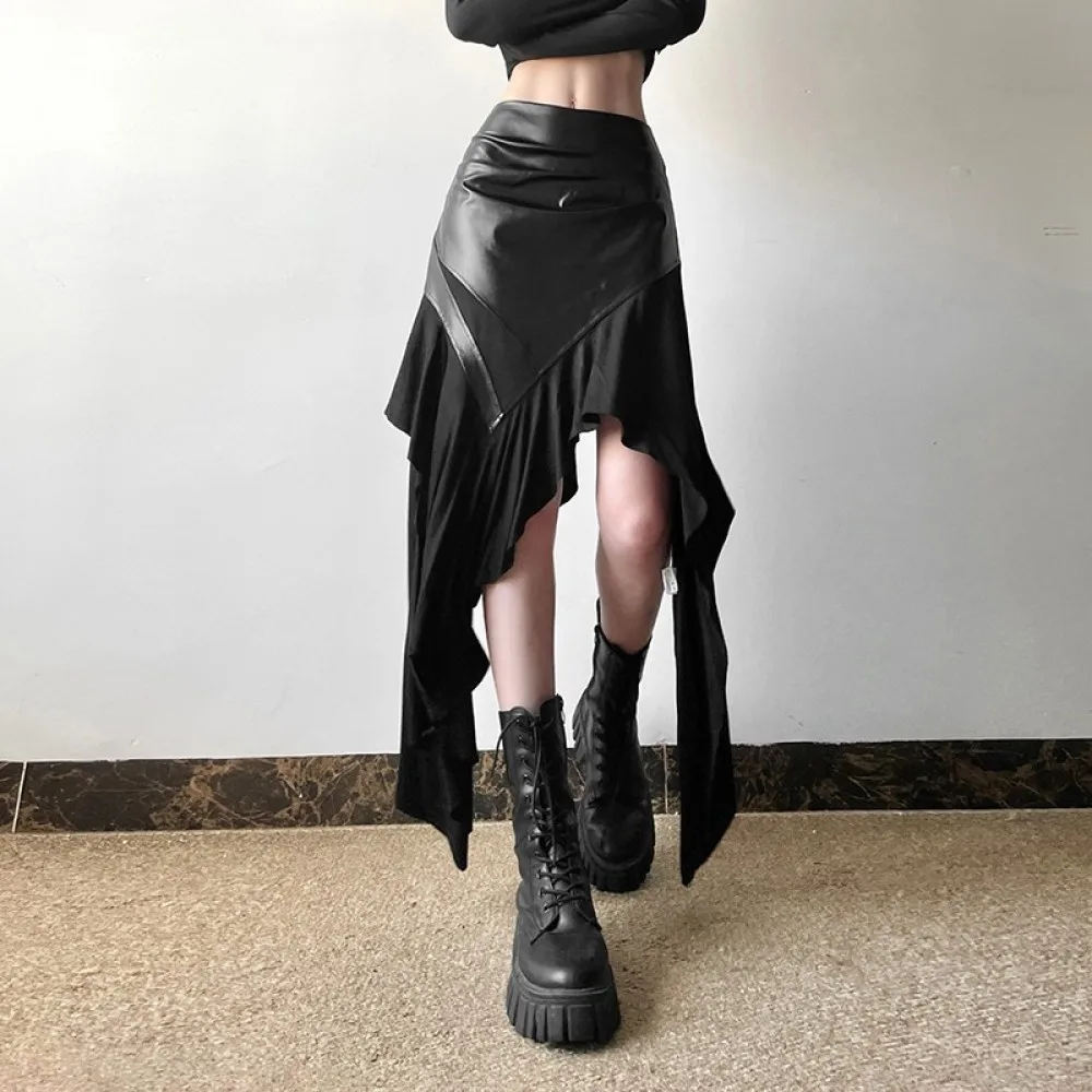 Faux Leather Patchwork Long Skirts Woman Elastic Waist Irregular Shape Hem High Street Fashion Ruched Elegant Bottoms